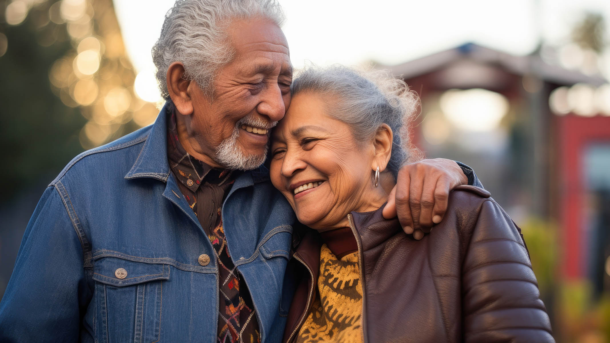 An older couple hugging and smiling outdoors